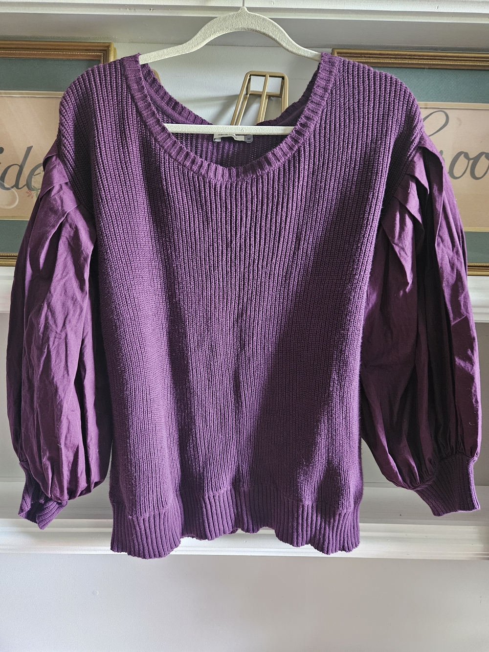 Maude Vivante Purple Mixed Media Puff Sleeve Sweater